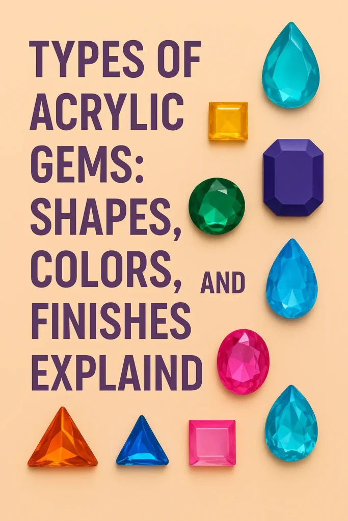 Colorful acrylic gem shapes displayed with various acrylic gem colors and acrylic gem finishes, highlighting glossy vs matte acrylic gems.