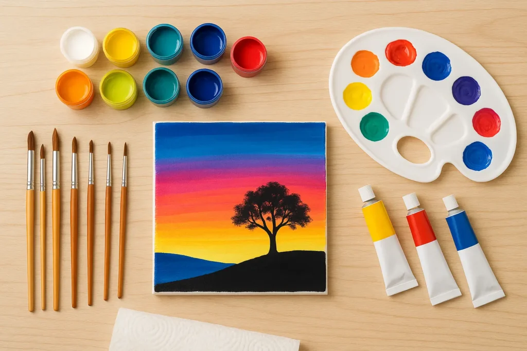 Flat lay of an easy acrylic painting for beginners featuring a colorful landscape on canvas, surrounded by brushes, paint pots, and a palette—ideal for a basic acrylic painting supplies list and simple acrylic painting ideas in a step-by-step acrylic painting tutorial.