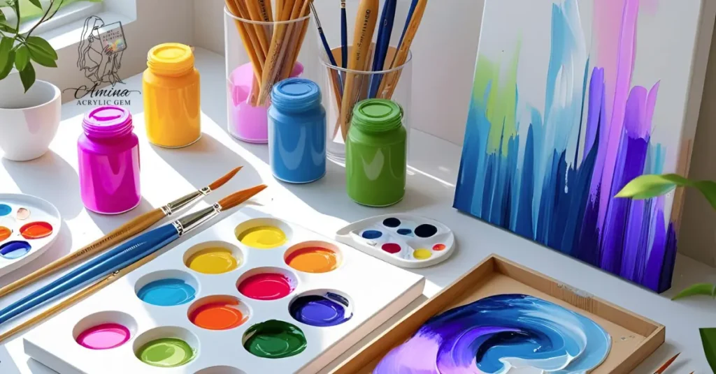 Colorful beginner acrylic painting kit with essential tools like brushes, paint jars, palettes, and a canvas artwork.
