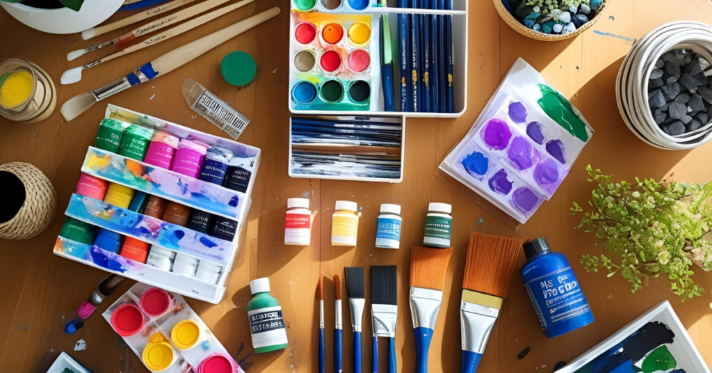 Flat lay of the best acrylic painting tools and essential art supplies for acrylic painting including brushes, paints, and palette, ideal for simple acrylic painting at home using an affordable acrylic painting kit.