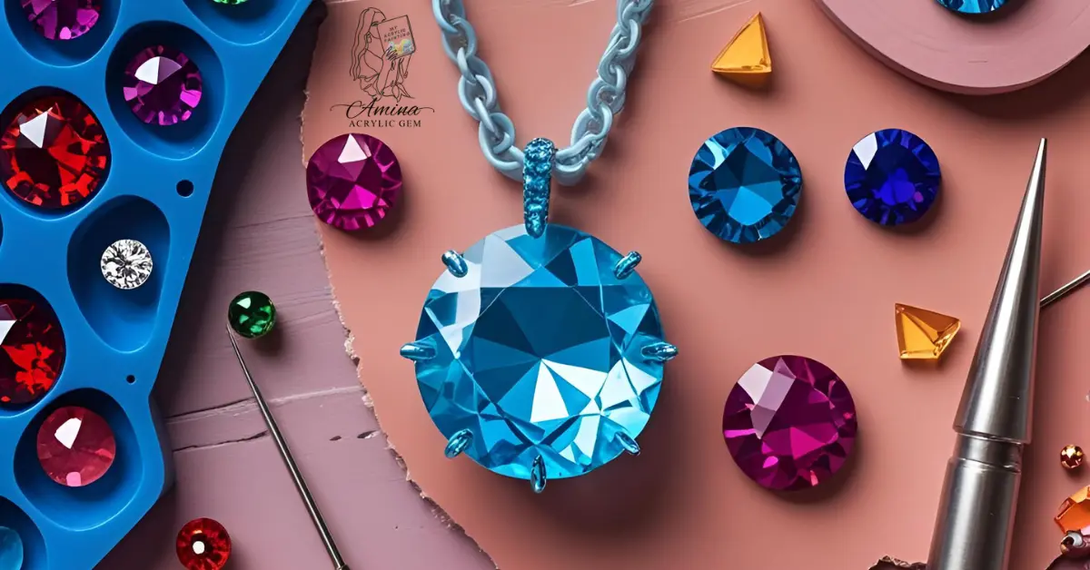 Close-up of DIY acrylic gem jewelry making tools and home made acrylic gemstones, showing easy acrylic gem designs in a beginner acrylic gem tutorial and crafting guide.