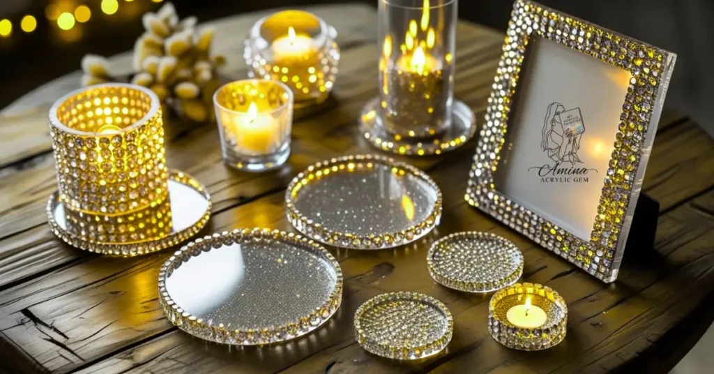 DIY acrylic gem crafts including handmade coasters, candle holders, and a gem-decorated photo frame for budget home décor.