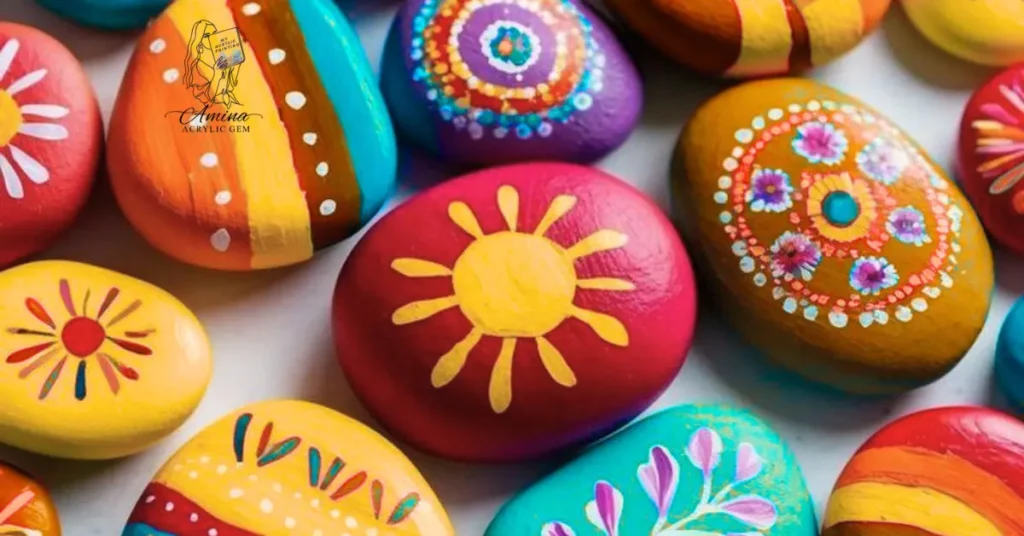 Colorful outdoor acrylic gems painted in vibrant designs, showing fade resistant acrylic gems and durable acrylic decorations for garden crafts.