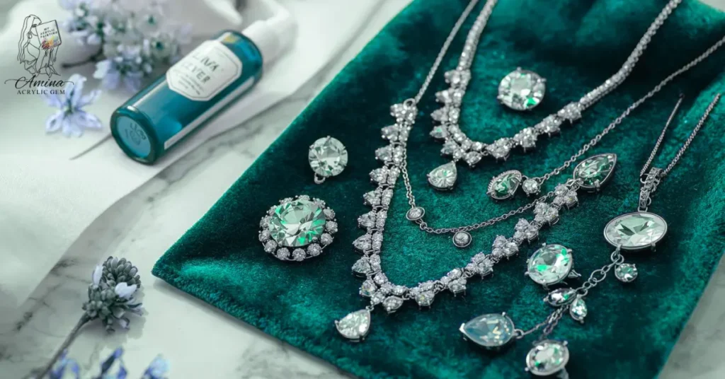 Acrylic gem jewelry set on velvet cloth with cleaning solution, showing DIY gem cleaning and easy jewelry care to protect acrylic gemstones.