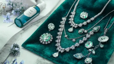 Acrylic gem jewelry set on velvet cloth with cleaning solution, showing DIY gem cleaning and easy jewelry care to protect acrylic gemstones.