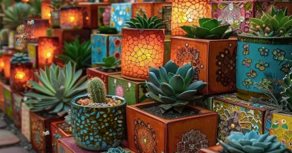 Outdoor acrylic gems on mosaic garden pots with durable, fade resistant, and weatherproof craft gems for lasting garden decorations.