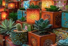 Outdoor acrylic gems on mosaic garden pots with durable, fade resistant, and weatherproof craft gems for lasting garden decorations.