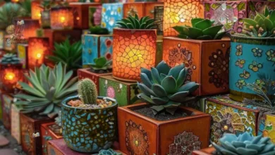 Outdoor acrylic gems on mosaic garden pots with durable, fade resistant, and weatherproof craft gems for lasting garden decorations.