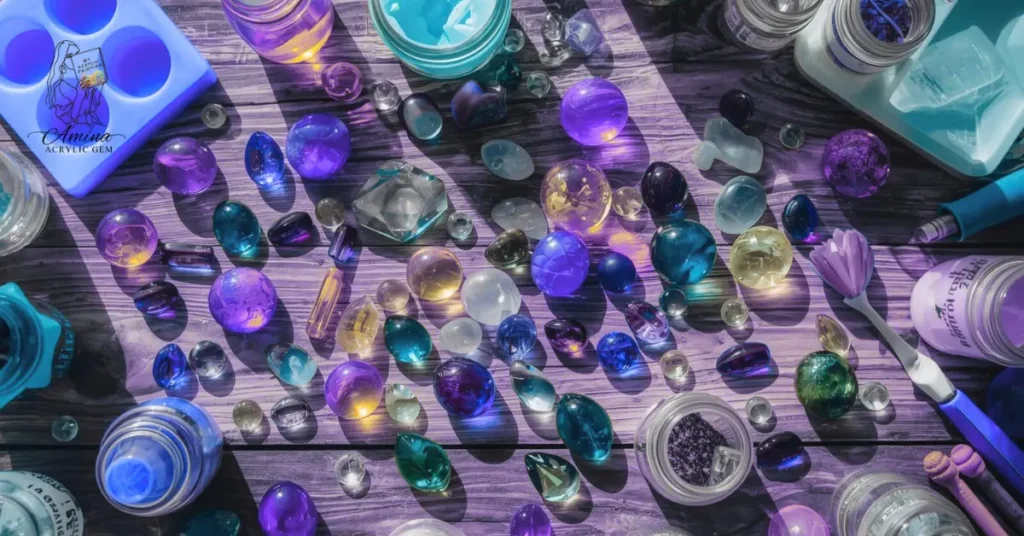Colorful homemade acrylic gemstones and resin gems in various shapes and shades on a wooden table with craft supplies.