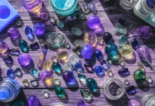 Colorful homemade acrylic gemstones and resin gems in various shapes and shades on a wooden table with craft supplies.
