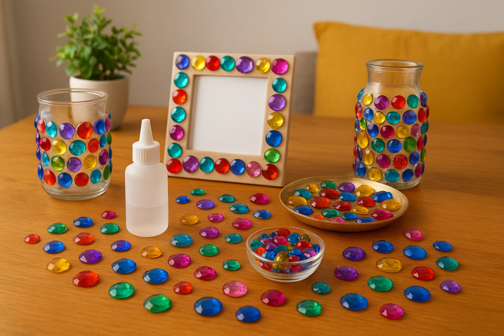 A bright workspace showing colorful flat-back acrylic gems, glue, and decorated jars and frames used for home décor crafts.