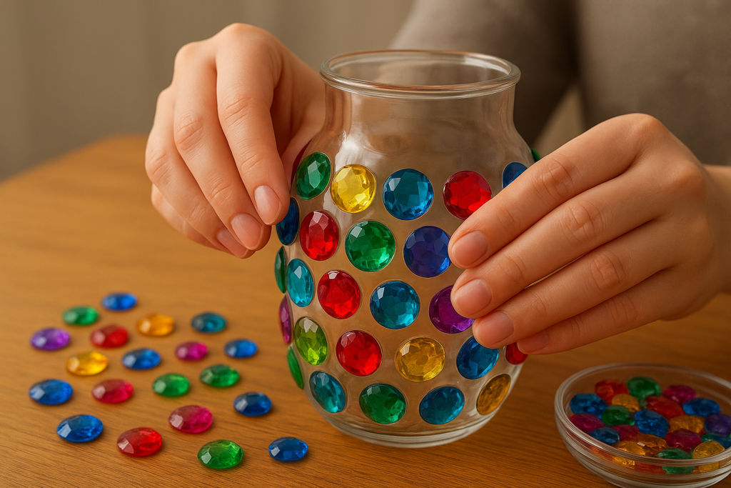 Hands decorating a clear glass vase with colorful flat-back acrylic gems for a DIY home décor project.