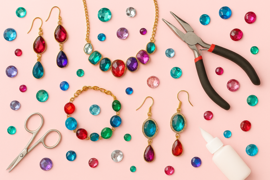 A flat lay of handmade DIY acrylic gem jewelry including necklaces, earrings, and bracelets with colorful flat-back gems, tools, and glue on a pastel background.
