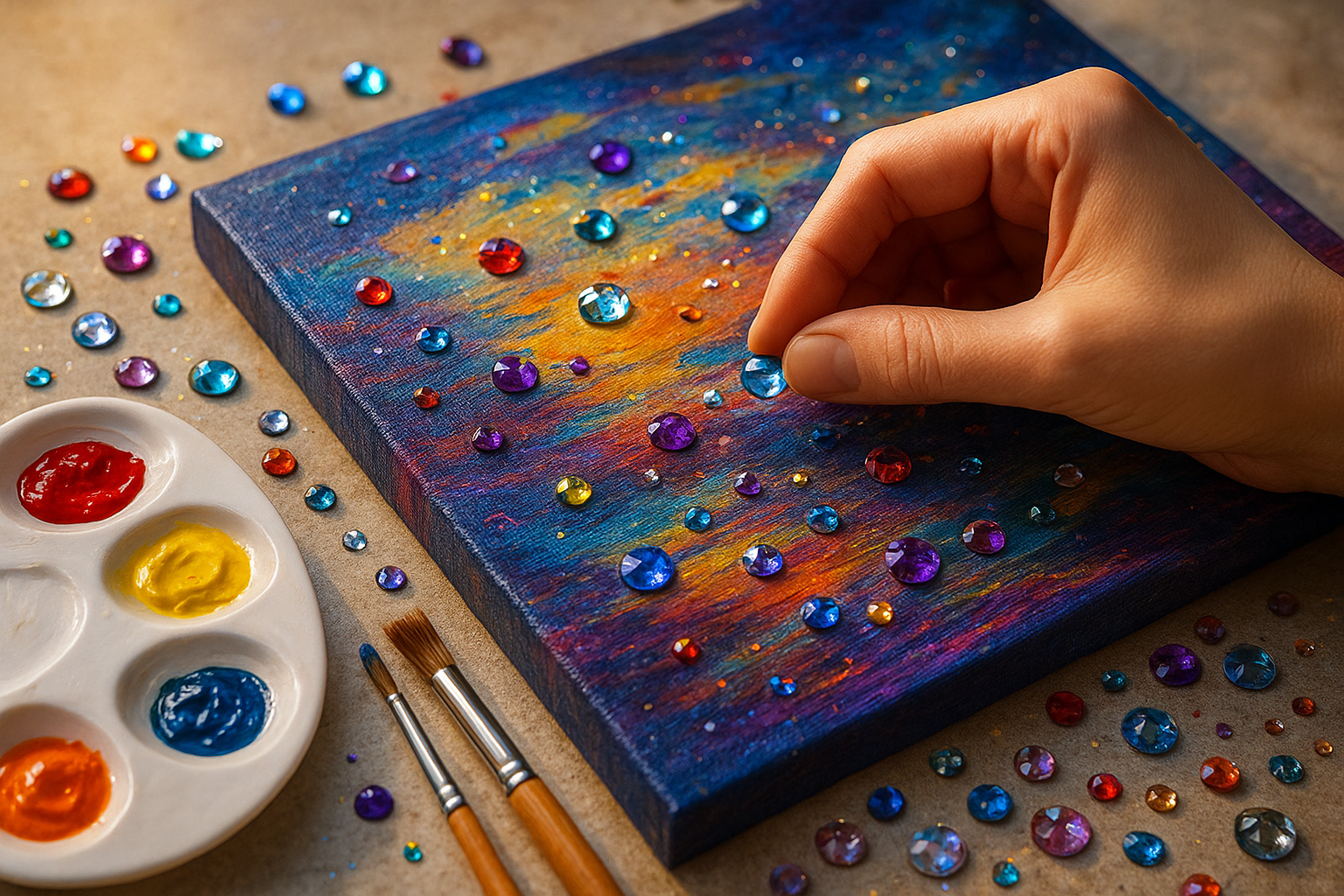 A close-up of a colorful acrylic painting decorated, DIY acrylic gem art with sparkling flat-back acrylic gems on canvas.