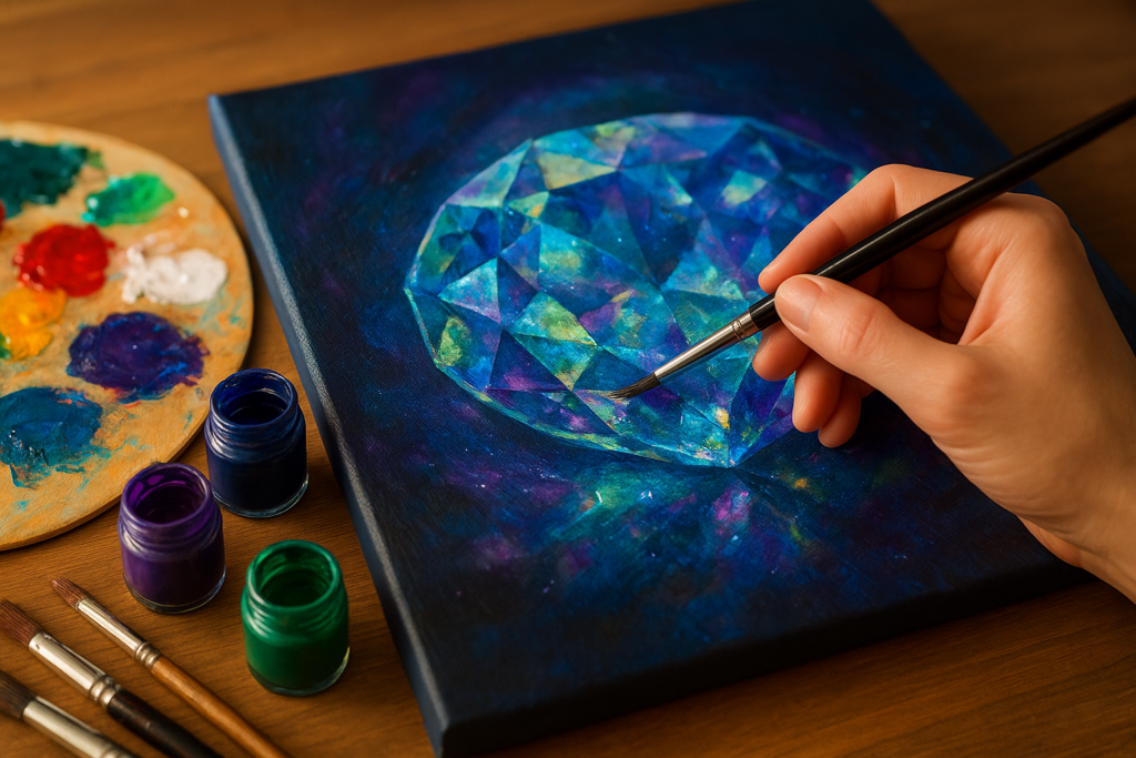 An artist creating a gemstone texture acrylic painting, Gemstone effect with acrylics on canvas using bright colors and crystal-like effects for a gem-inspired artwork.
