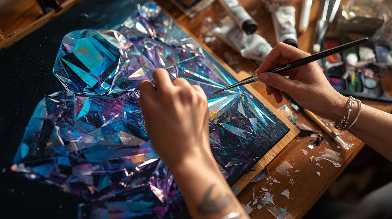 Artist painting a shimmering gem-inspired acrylic artwork on canvas, showing crystal effect and vibrant colors.
