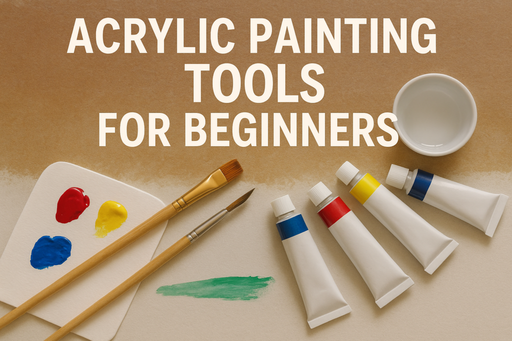essential acrylic art supplies, Acrylic painting tools for beginners showing paint tubes, brushes, and a palette on a textured canvas background.