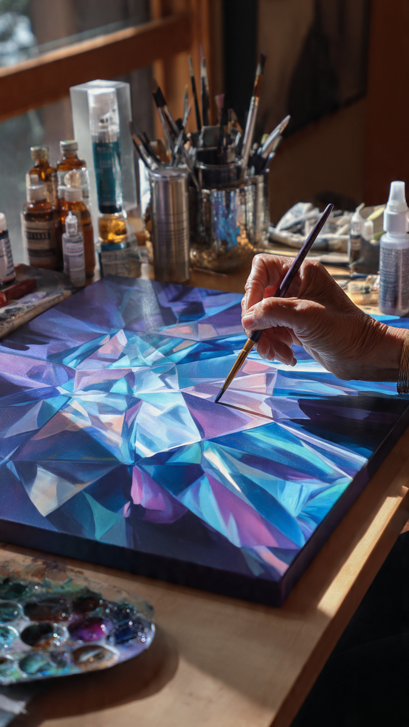 From Flat to Facet, Acrylic gem painting showing crystal facets, vibrant jewel tones, and reflections using acrylic painting techniques.
